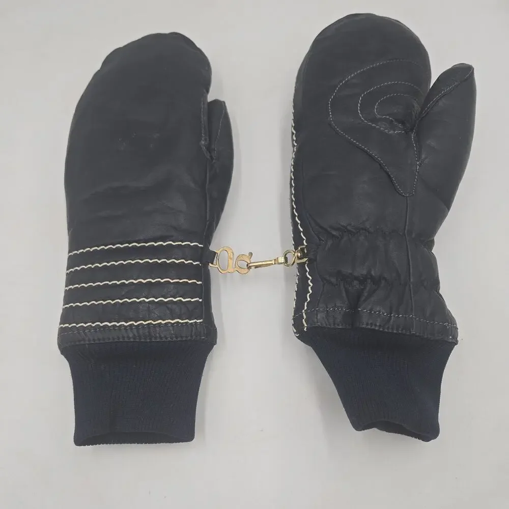 Retro Grandoe Womens (M) Blue Leather Vintage Mittens Wool Blend Lined Ski Lodge